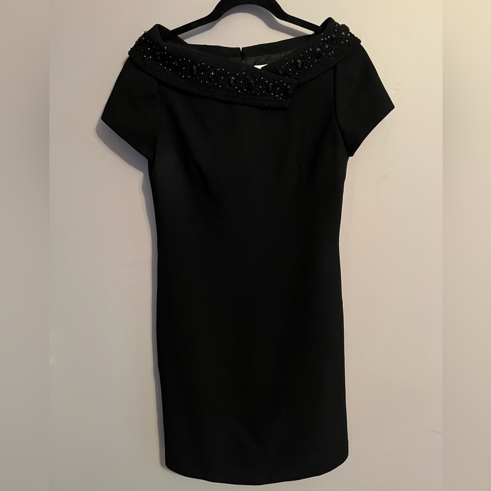 Badgley Mischka Short Sleeve Sheath Dress with Beaded Boatneck Collar